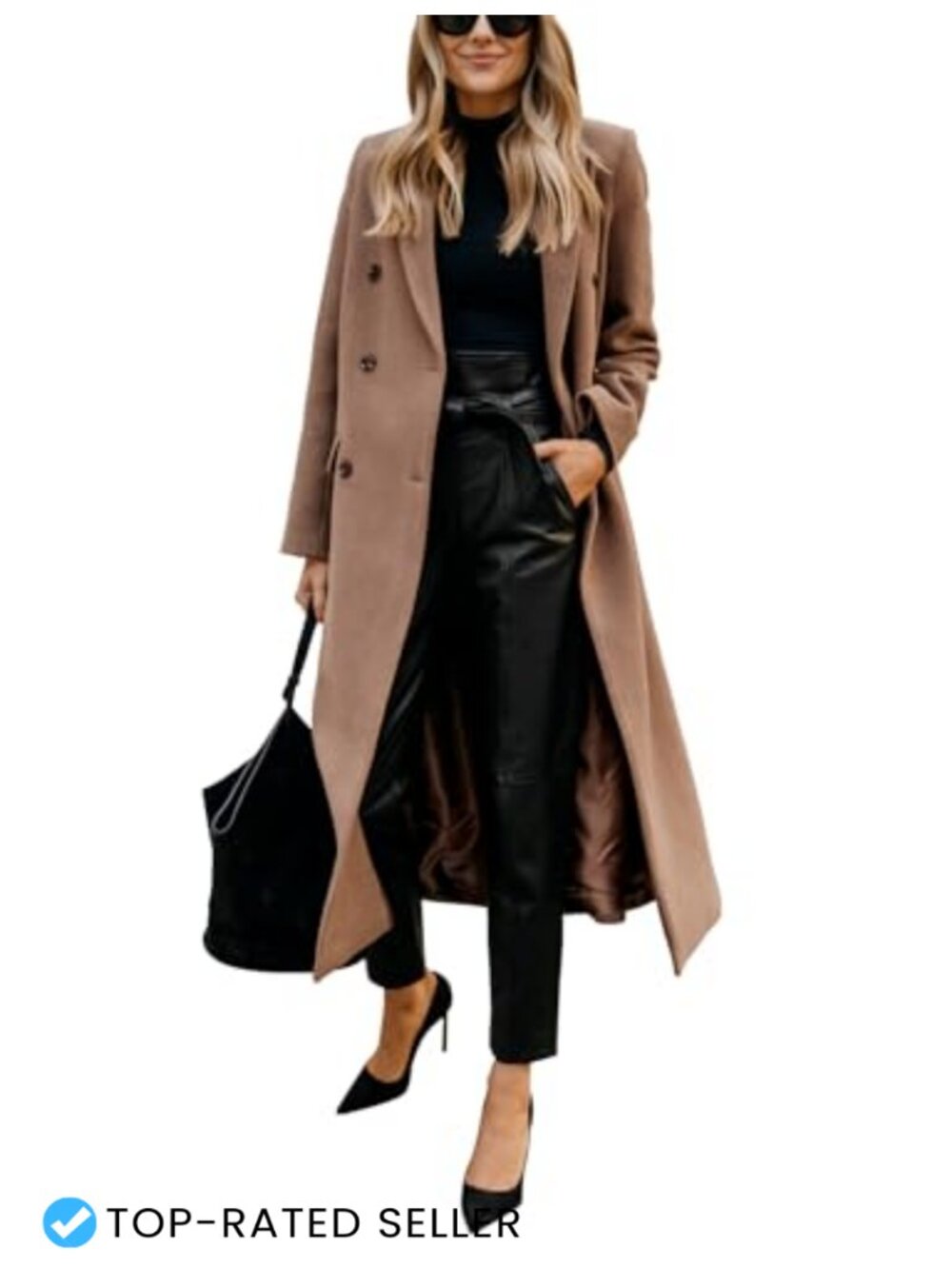 Womens Long Wool Blend Peacoat Notch Lapel Double Breasted Winter Coat